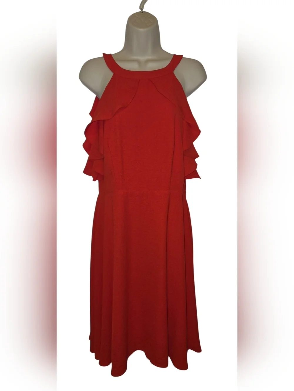 Charlie Paige Coral-Red Ruffle Halter Midi Dress